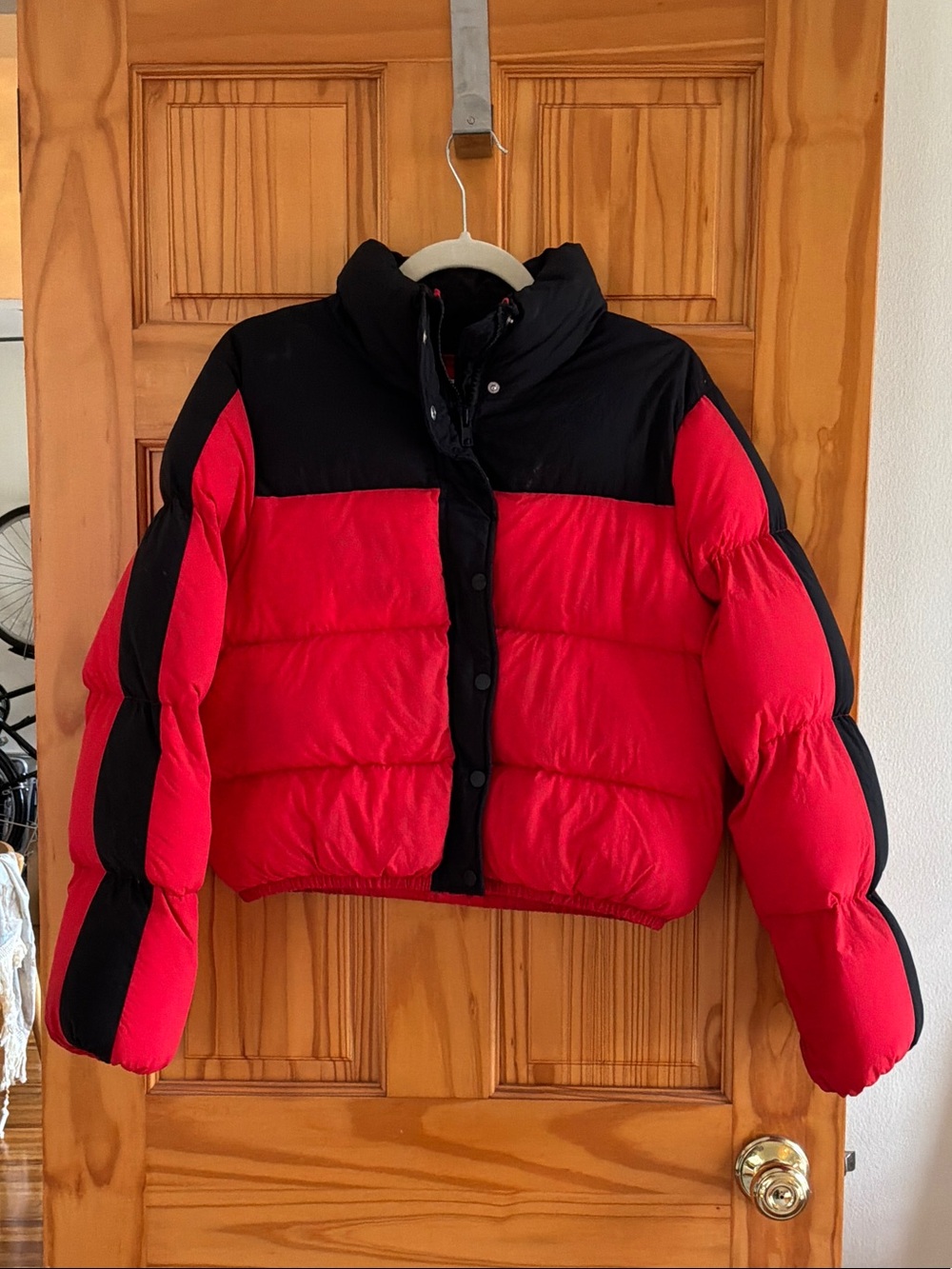 Lovers + Friends Red and Black Cropped Colorblock Puffer Jacket